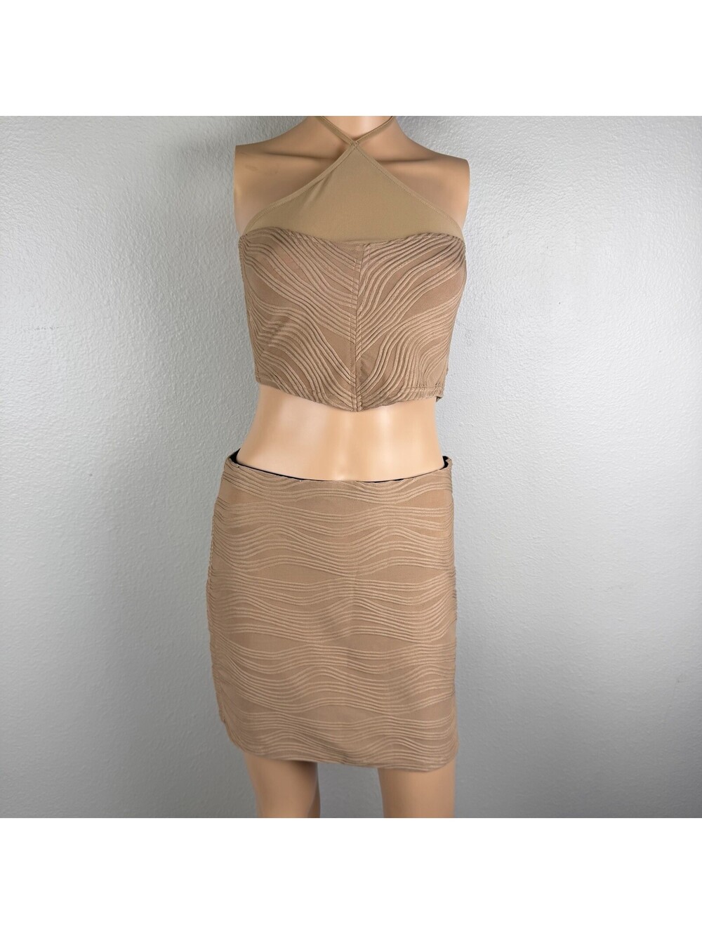 Fashion Nova Taupe Wavy Mesh 2 Piece Skirt Set S Halter Crop Top Y2K NWT